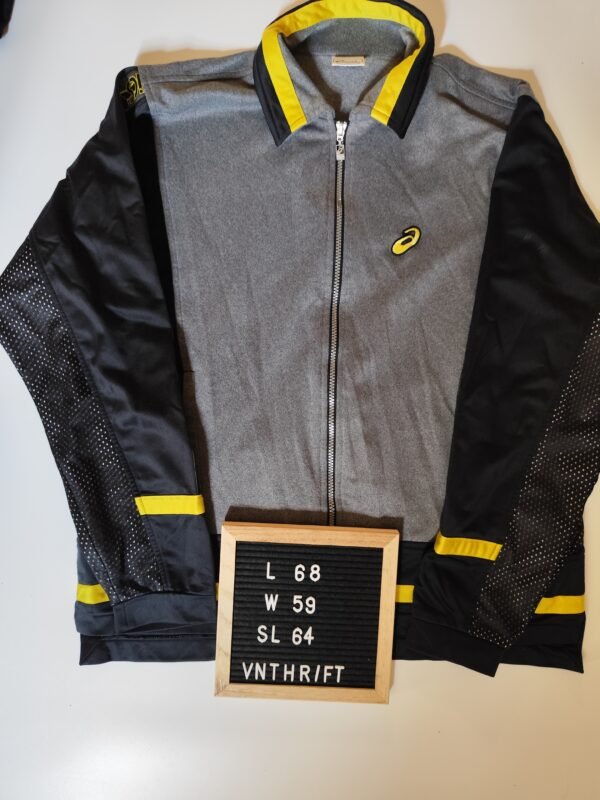 Asics Track Jacket with a Tiny Hole in the Back - Size Large, Grey, Black & Yellow - Image 2