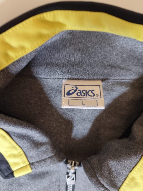 Asics Track Jacket with a Tiny Hole in the Back - Size Large, Grey, Black & Yellow - Image 4